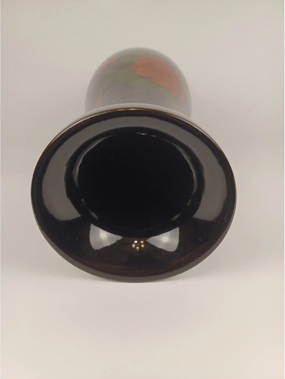 Vintage Vietnamese Black Lacquer Wood Vase Hand Painted Orange Roses Floral 16.5